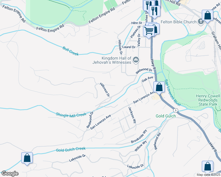 map of restaurants, bars, coffee shops, grocery stores, and more near 803 Skyline Drive in Felton