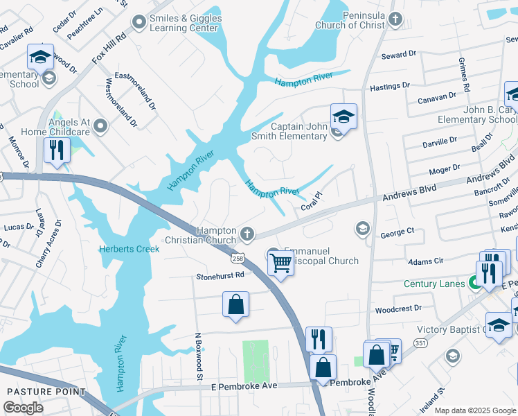 map of restaurants, bars, coffee shops, grocery stores, and more near 31 Kings Landing Lane in Hampton