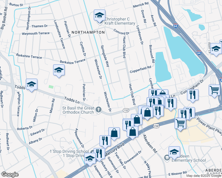 map of restaurants, bars, coffee shops, grocery stores, and more near 111 Benjamin Terrace in Hampton