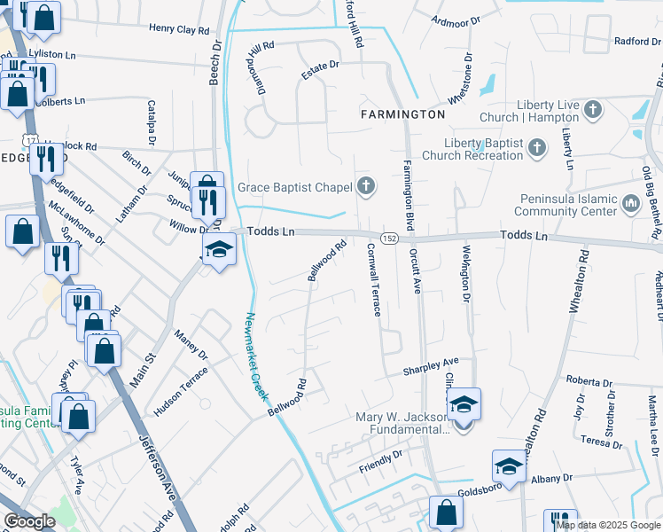 map of restaurants, bars, coffee shops, grocery stores, and more near 779 Bellwood Road in Hampton