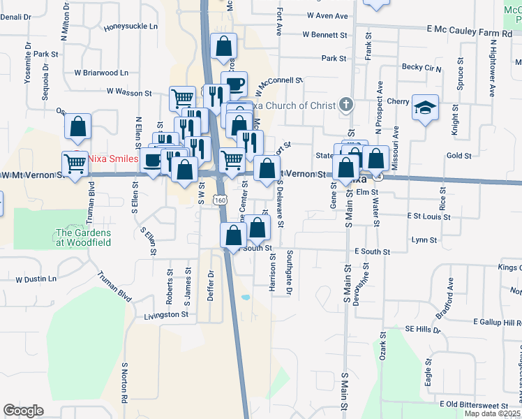 map of restaurants, bars, coffee shops, grocery stores, and more near 300 West Mount Vernon Street in Nixa