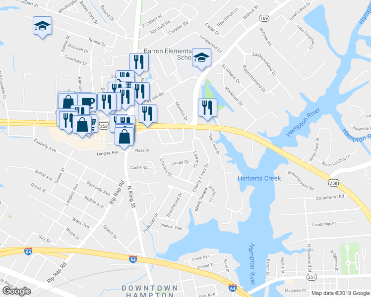 map of restaurants, bars, coffee shops, grocery stores, and more near 7 Clayton Drive in Hampton