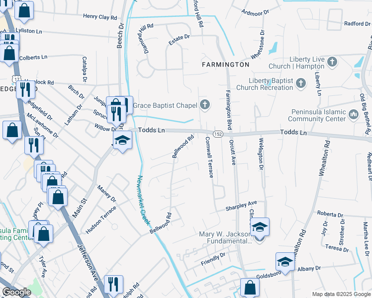 map of restaurants, bars, coffee shops, grocery stores, and more near 779 Bellwood Road in Hampton