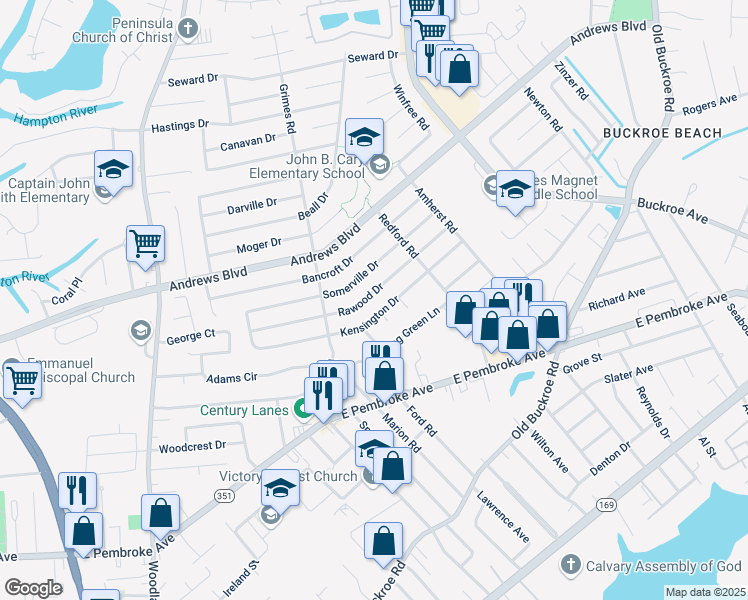 map of restaurants, bars, coffee shops, grocery stores, and more near 1921 Rawood Drive in Hampton