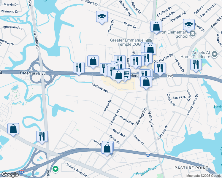 map of restaurants, bars, coffee shops, grocery stores, and more near 1238 Easterly Avenue in Hampton
