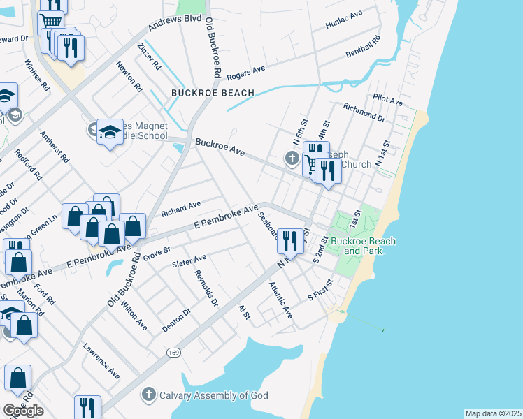 map of restaurants, bars, coffee shops, grocery stores, and more near 440 Seaboard Avenue in Hampton