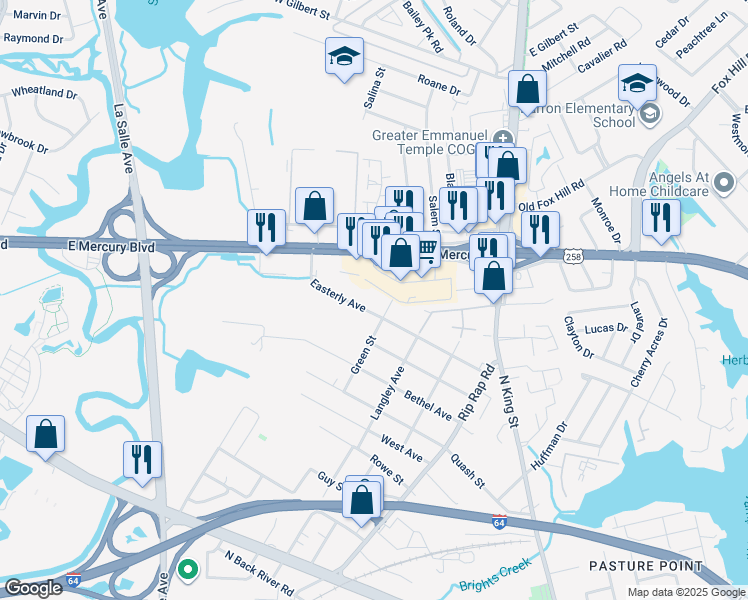 map of restaurants, bars, coffee shops, grocery stores, and more near 1238 Easterly Avenue in Hampton