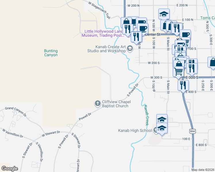 map of restaurants, bars, coffee shops, grocery stores, and more near 490 South 400 West in Kanab