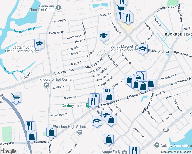 map of restaurants, bars, coffee shops, grocery stores, and more near 1902 Somerville Drive in Hampton