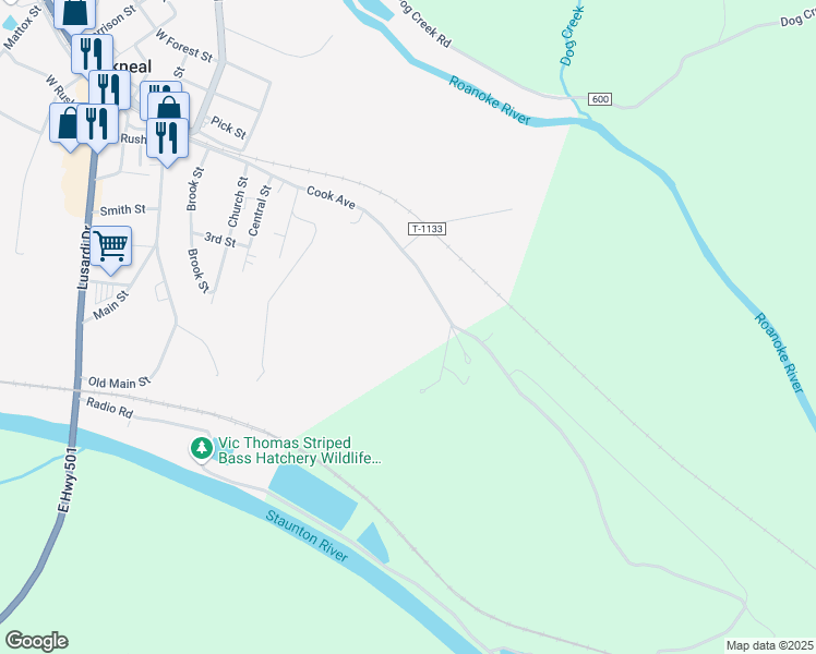map of restaurants, bars, coffee shops, grocery stores, and more near 633 Cook Avenue in Brookneal