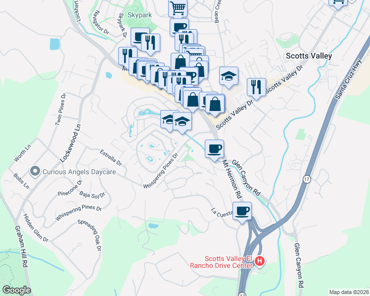 map of restaurants, bars, coffee shops, grocery stores, and more near 108 Whispering Pines Drive in Scotts Valley