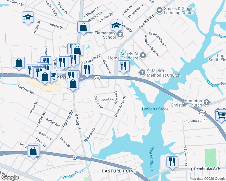 map of restaurants, bars, coffee shops, grocery stores, and more near 10 Laurel Drive in Hampton