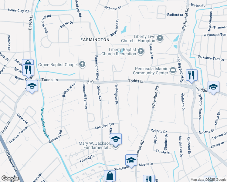 map of restaurants, bars, coffee shops, grocery stores, and more near 18 Stephanies Road in Hampton
