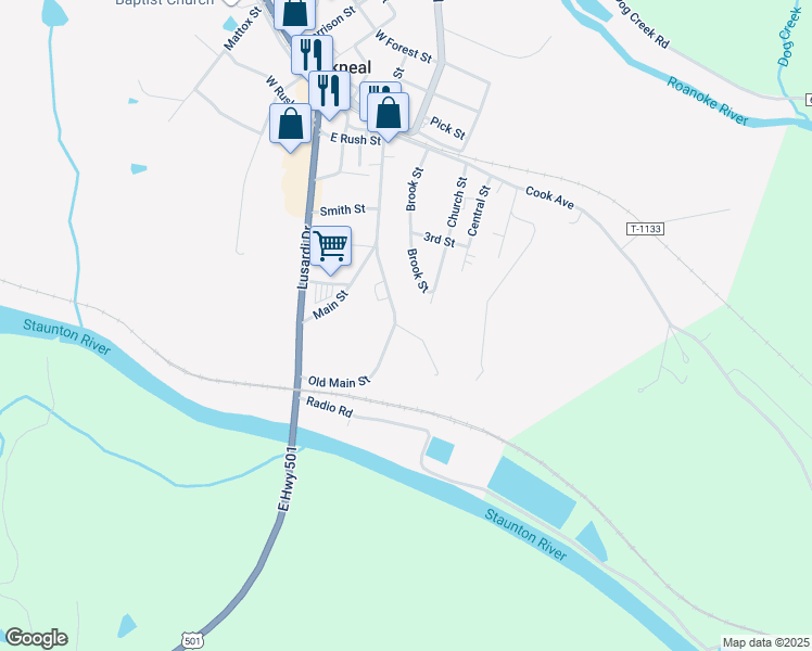 map of restaurants, bars, coffee shops, grocery stores, and more near 102 Adams Ferry Road in Brookneal