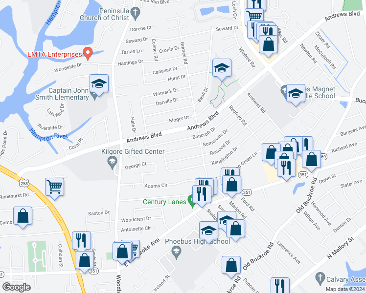 map of restaurants, bars, coffee shops, grocery stores, and more near 1817 Somerville Drive in Hampton