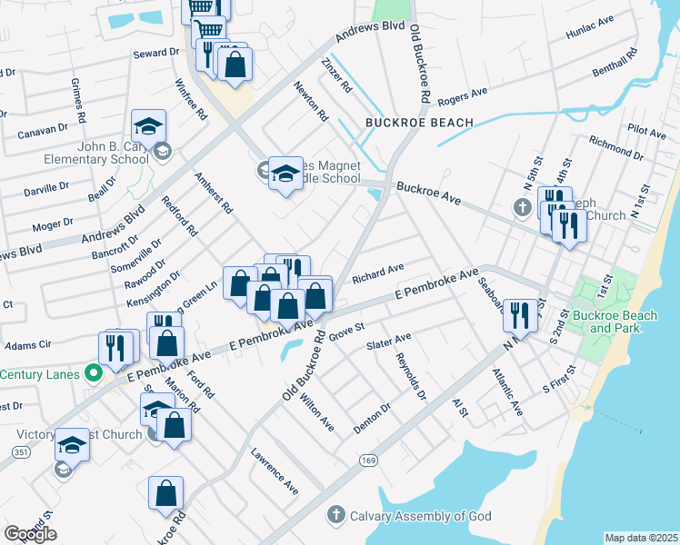 map of restaurants, bars, coffee shops, grocery stores, and more near 1 Daniel Lane in Hampton