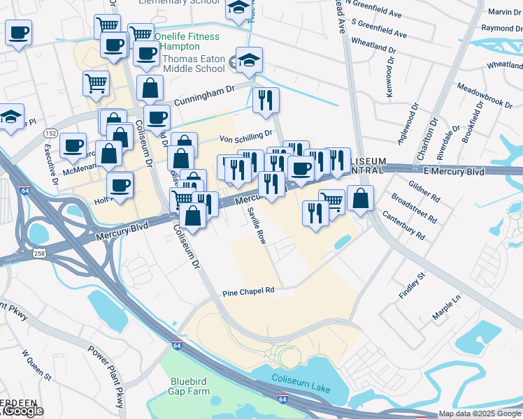 map of restaurants, bars, coffee shops, grocery stores, and more near 1049 West Mercury Boulevard in Hampton