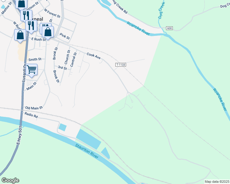 map of restaurants, bars, coffee shops, grocery stores, and more near 633 Cook Avenue in Brookneal