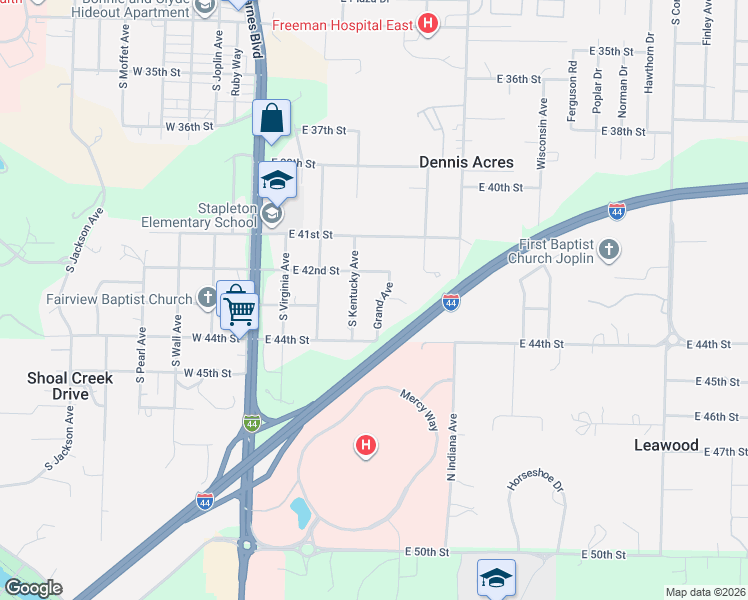 map of restaurants, bars, coffee shops, grocery stores, and more near 4200-4298 Grand Avenue in Joplin