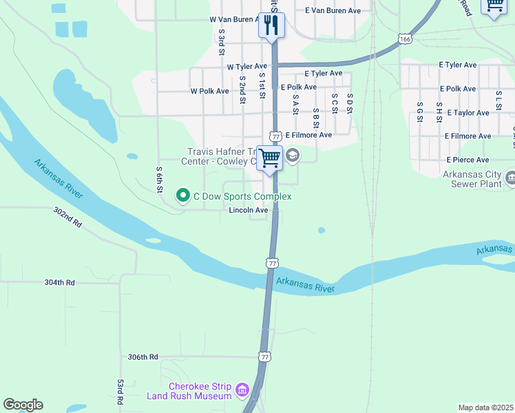 map of restaurants, bars, coffee shops, grocery stores, and more near 1711 S 1st St in Arkansas City