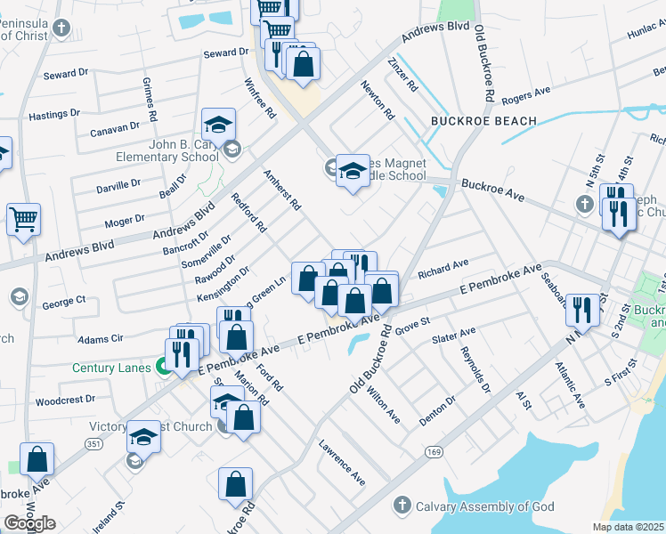 map of restaurants, bars, coffee shops, grocery stores, and more near 2009 Whitman Place in Hampton