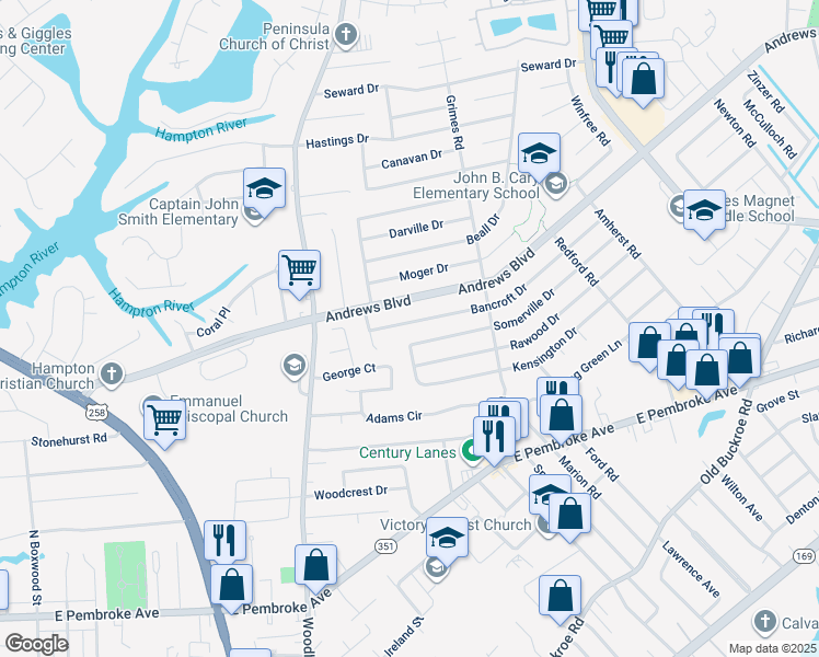 map of restaurants, bars, coffee shops, grocery stores, and more near 1812 Bancroft Drive in Hampton
