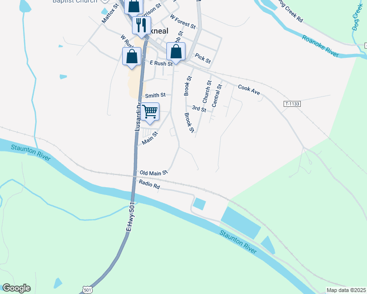 map of restaurants, bars, coffee shops, grocery stores, and more near 102 Adams Ferry Road in Brookneal