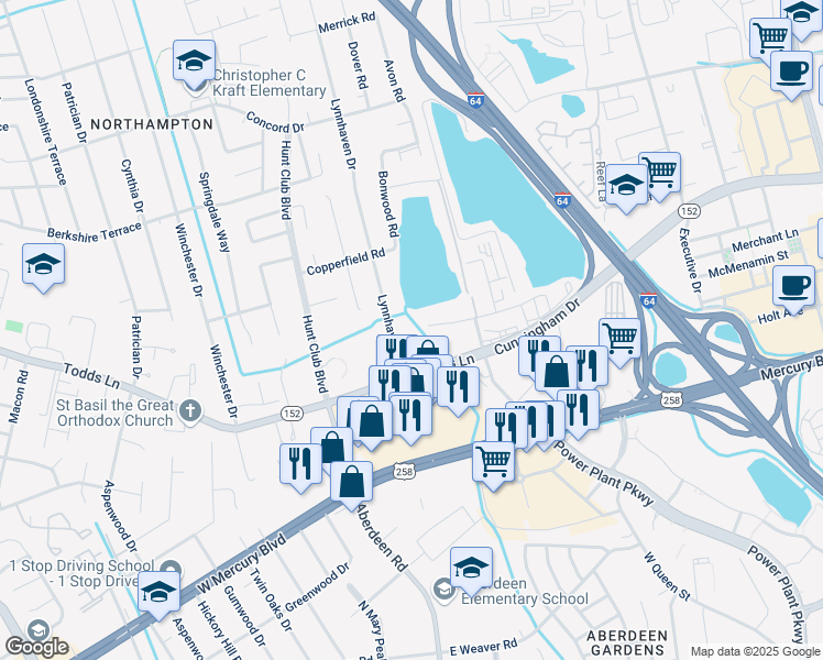 map of restaurants, bars, coffee shops, grocery stores, and more near 70 Lakeshore Drive in Hampton