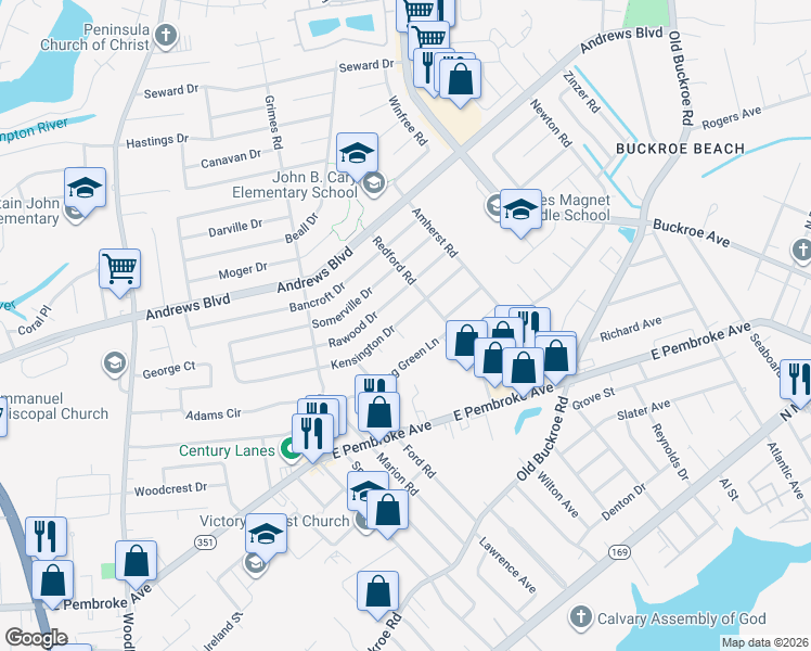 map of restaurants, bars, coffee shops, grocery stores, and more near 1937 Kensington Drive in Hampton