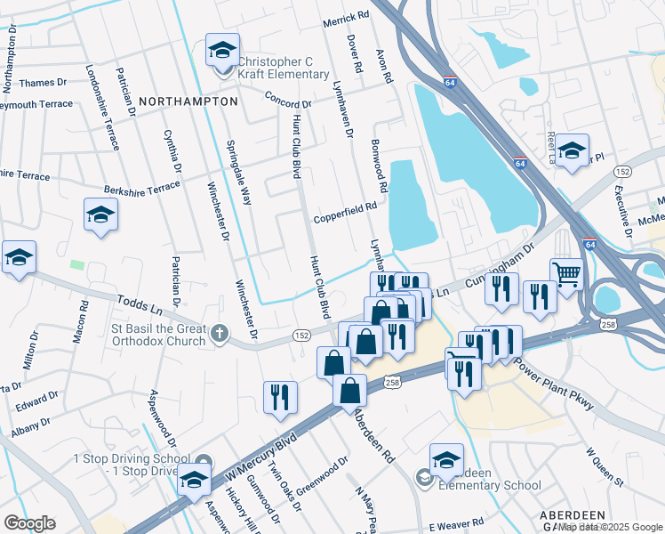 map of restaurants, bars, coffee shops, grocery stores, and more near 20 Hunt Club Boulevard in Hampton