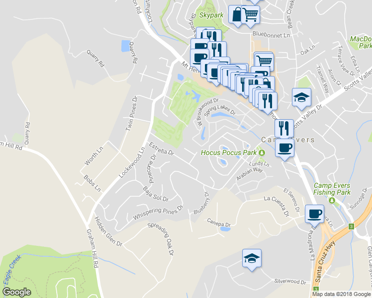 map of restaurants, bars, coffee shops, grocery stores, and more near 361 Collado Drive in Scotts Valley