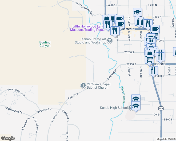 map of restaurants, bars, coffee shops, grocery stores, and more near 490 South 400 West in Kanab