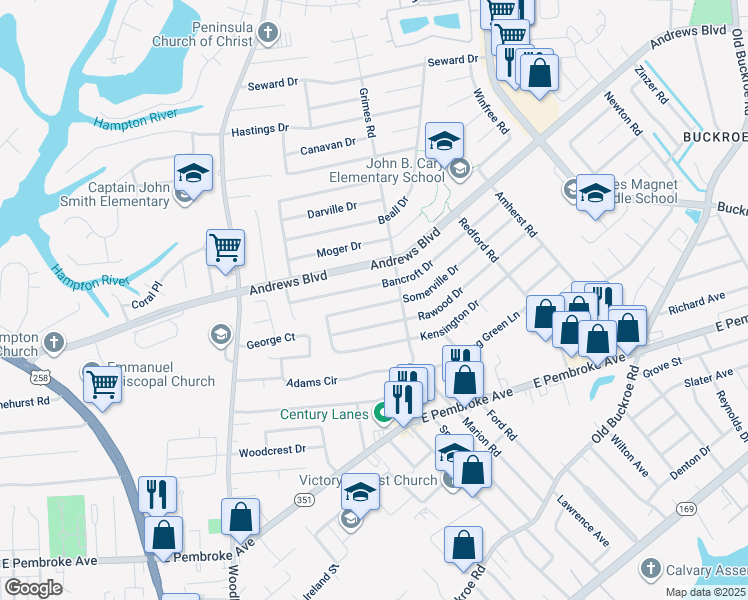 map of restaurants, bars, coffee shops, grocery stores, and more near 1836 Bancroft Drive in Hampton
