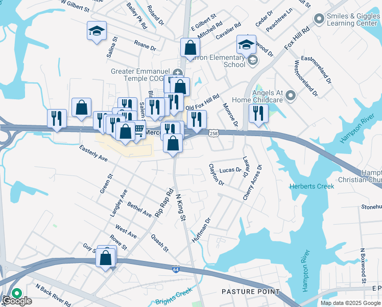 map of restaurants, bars, coffee shops, grocery stores, and more near 11 Plaza Drive in Hampton