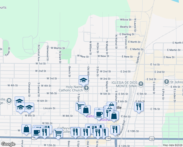 map of restaurants, bars, coffee shops, grocery stores, and more near 311 1/2 West 2nd Street in Coffeyville