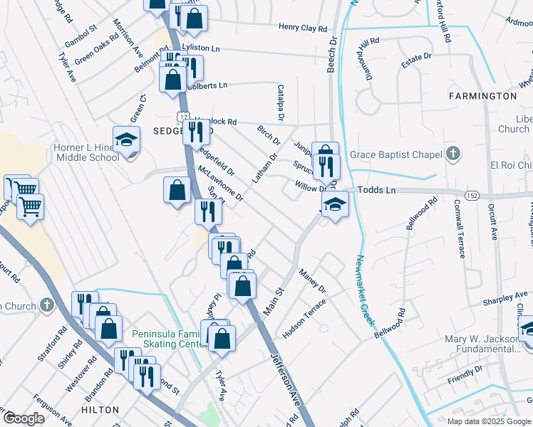 map of restaurants, bars, coffee shops, grocery stores, and more near 713 McLawhorne Drive in Newport News