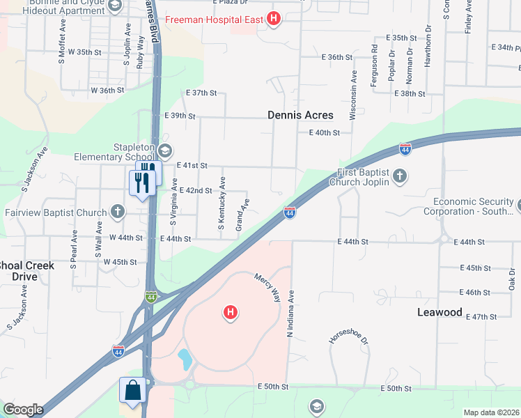 map of restaurants, bars, coffee shops, grocery stores, and more near 599 Stone Ridge Road in Joplin