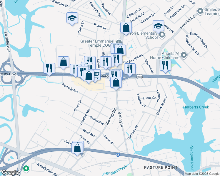 map of restaurants, bars, coffee shops, grocery stores, and more near 12 Bernard Avenue in Hampton