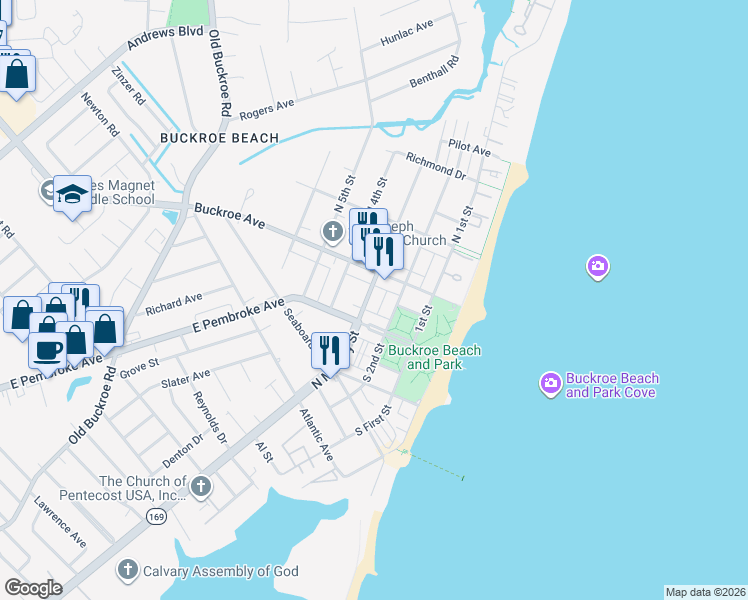 map of restaurants, bars, coffee shops, grocery stores, and more near 1916 North Mallory Street in Hampton