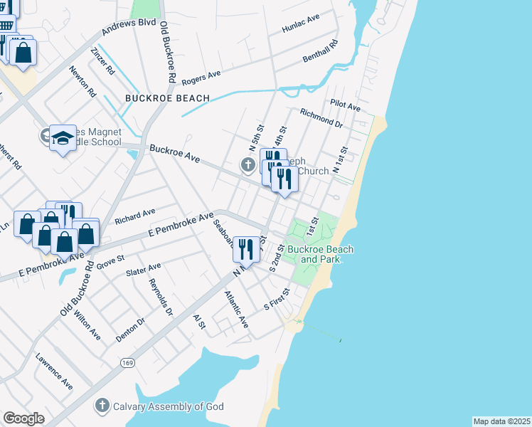 map of restaurants, bars, coffee shops, grocery stores, and more near 125 South 4th Street in Hampton
