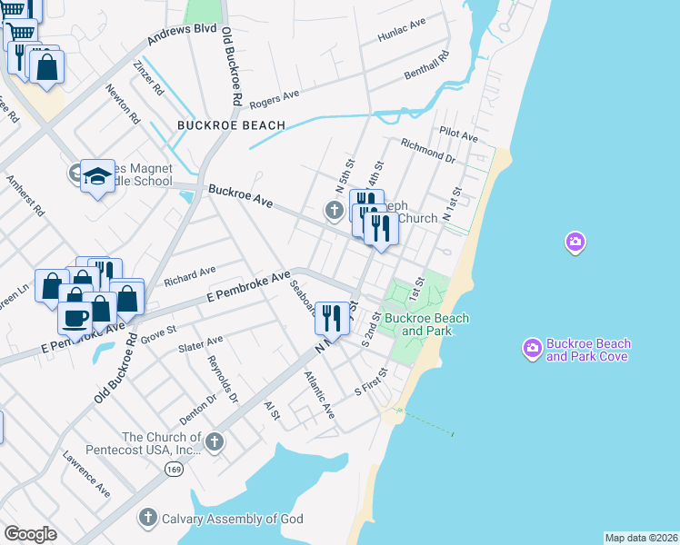 map of restaurants, bars, coffee shops, grocery stores, and more near 125 South 4th Street in Hampton