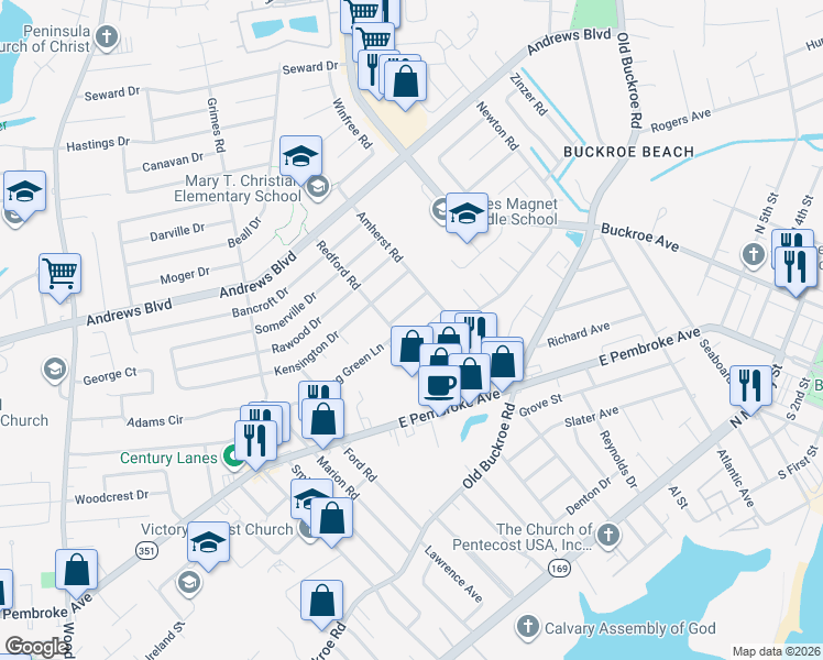 map of restaurants, bars, coffee shops, grocery stores, and more near 2009 Whitman Place in Hampton