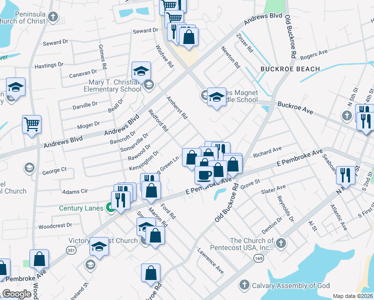 map of restaurants, bars, coffee shops, grocery stores, and more near 708 Redford Road in Hampton