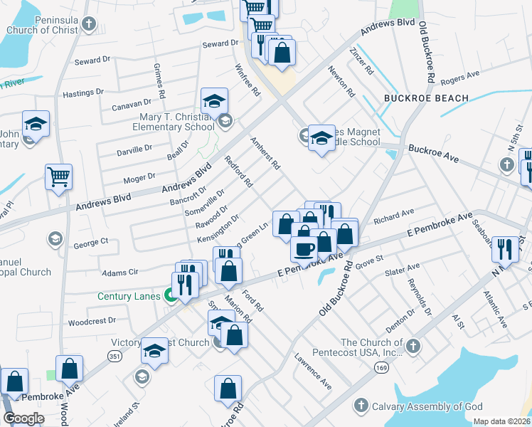 map of restaurants, bars, coffee shops, grocery stores, and more near 708 Redford Road in Hampton