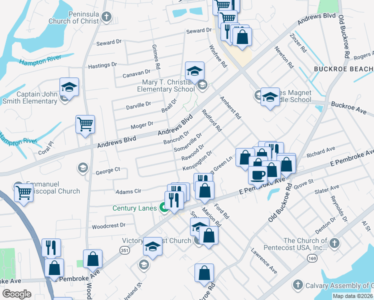map of restaurants, bars, coffee shops, grocery stores, and more near 1905 Somerville Drive in Hampton