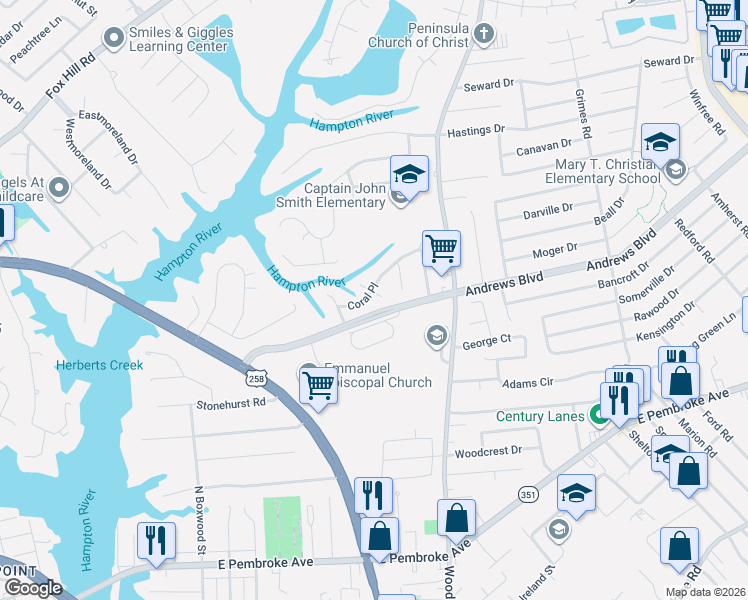 map of restaurants, bars, coffee shops, grocery stores, and more near 300 South Starfish Court in Hampton