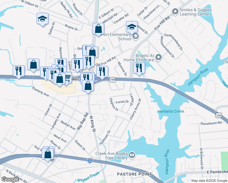 map of restaurants, bars, coffee shops, grocery stores, and more near 13 Crestwood Circle in Hampton