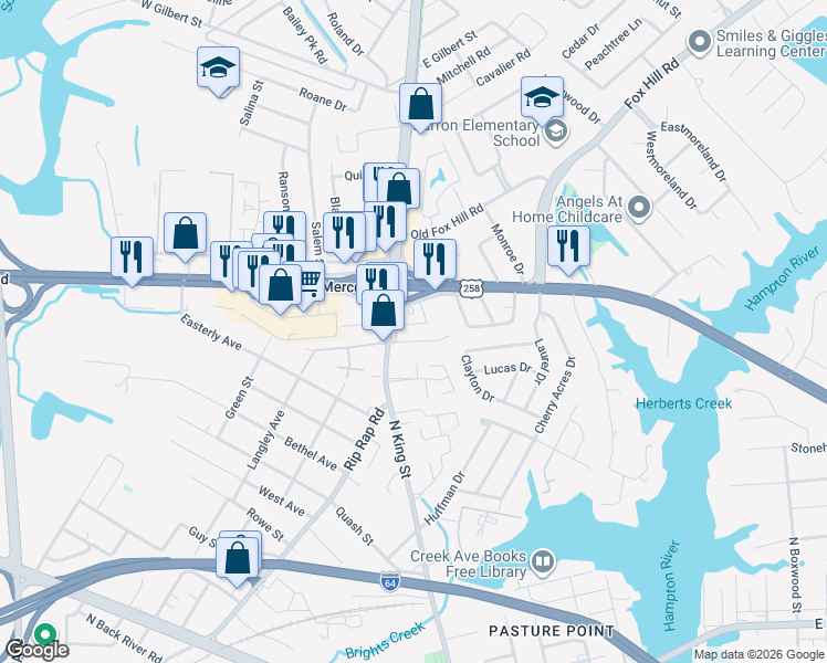 map of restaurants, bars, coffee shops, grocery stores, and more near 1010 North King Street in Hampton