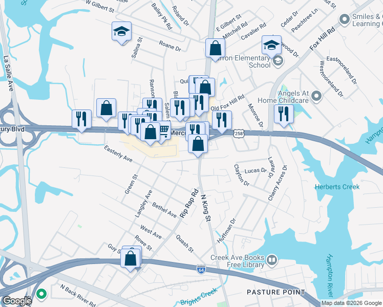 map of restaurants, bars, coffee shops, grocery stores, and more near 1021 North King Street in Hampton