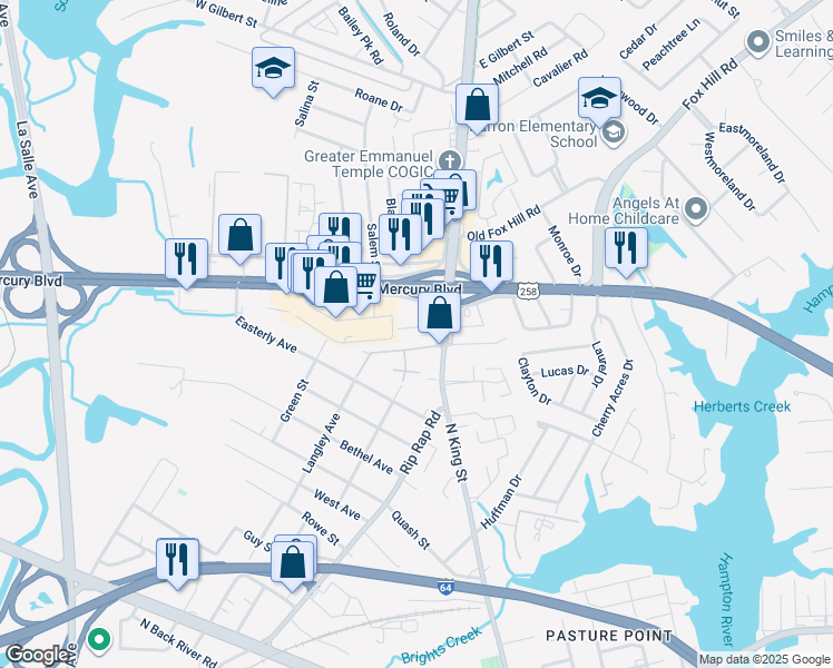 map of restaurants, bars, coffee shops, grocery stores, and more near 12 Bernard Avenue in Hampton